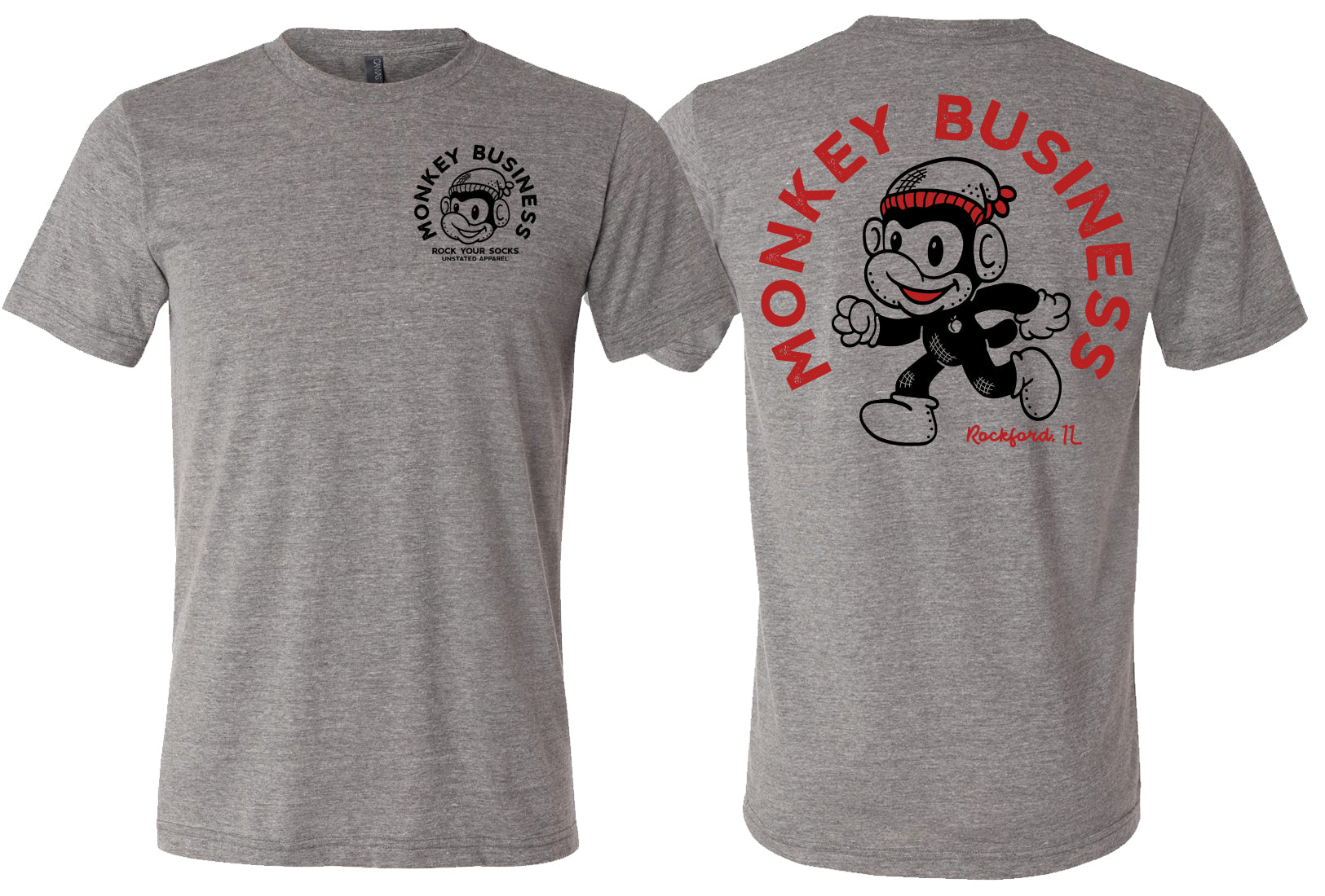 Gray t-shirt with a vintage cartoon monkey on it and MONKEY BUSINESS around it
