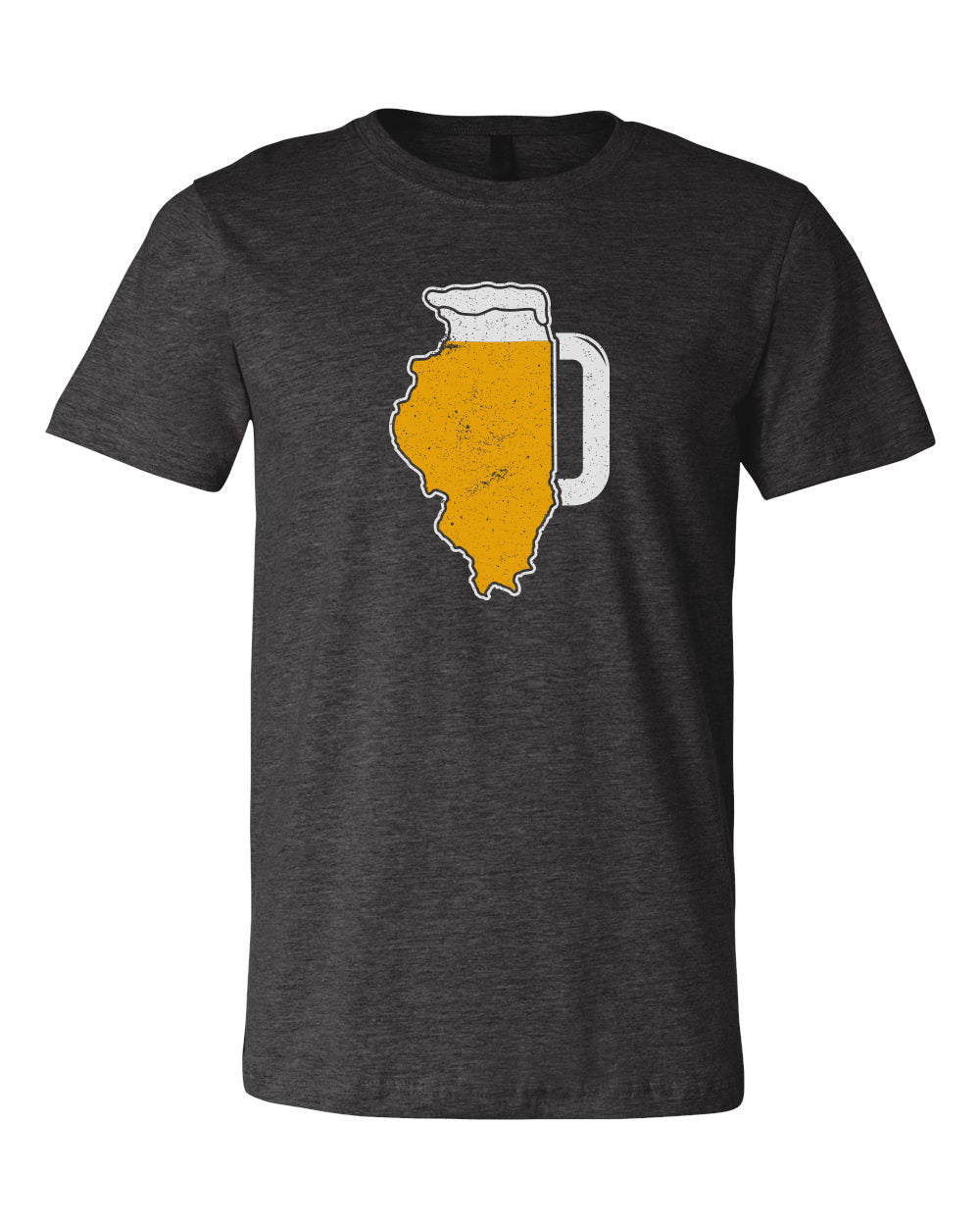 Dark gray shirt with the state of Illinois shaped beer mug on it