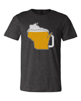 Dark gray shirt with a Wisconsin shaped beer mug on the front