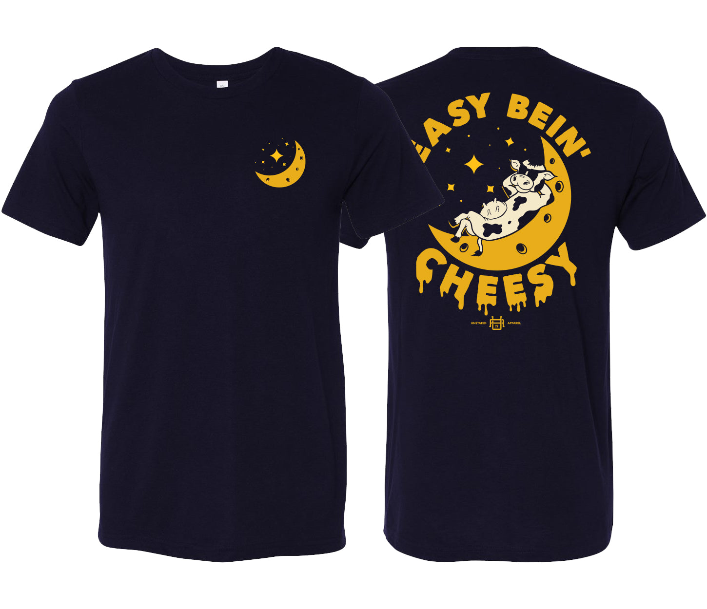 Navy T-shirt with a moon on the front left chest and a cow lounging on the moon with Easy Bein' Cheesy around the moon