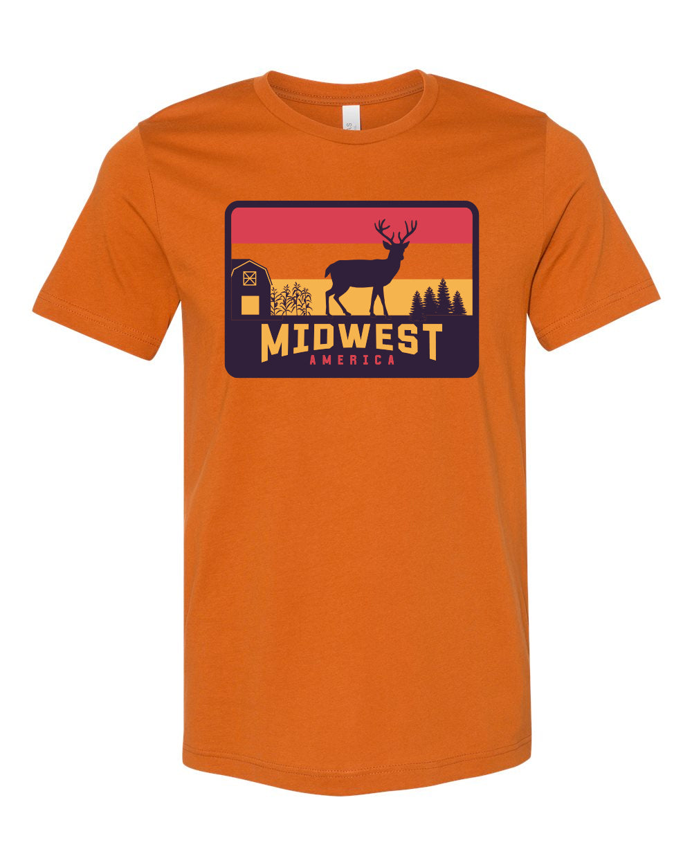 Burnt Orange t-shirt with graphic of deer silhouette in front of trees and a farm