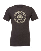 Dark Gray t-shirt with a sock monkey head and Midwest Raised around it in cream ink